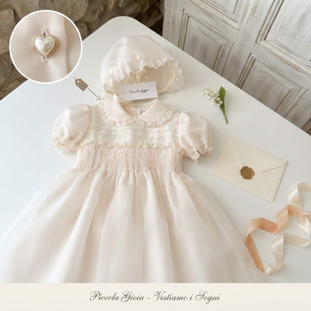 Abito battesimale bimba con cuffia in organza e seta Rosa